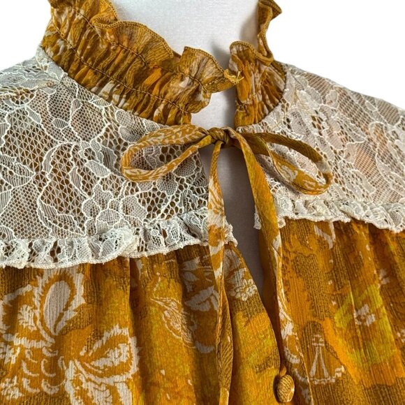 Tahari ASL Lace-Trim BOHO Tiered Split-Neck Dress in Mustard/Ivory Womens Size 4 - Picture 4 of 11